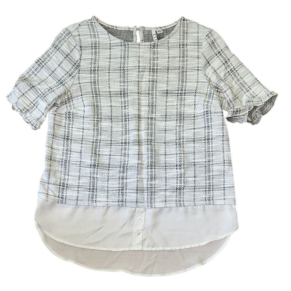 ELLE Tweed w/ White Chiffon Faux Layering Detail Ruffle Sleeve Blouse Medium